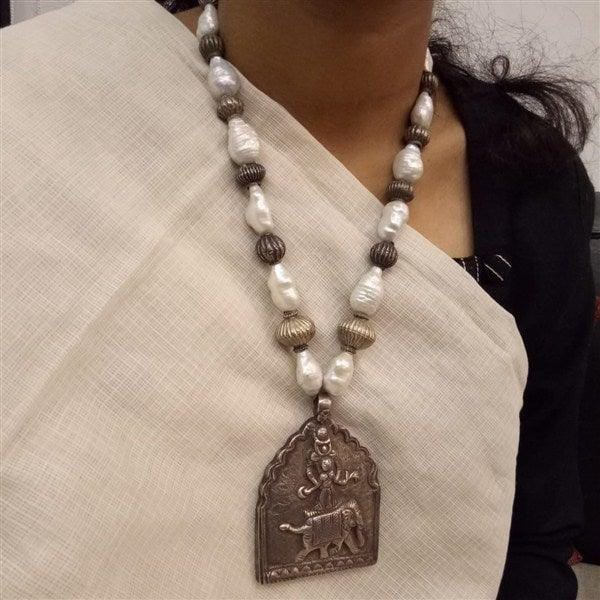 Elephant With God Big Size Pendant With Pearls & Silver Beads Silver Mala-2