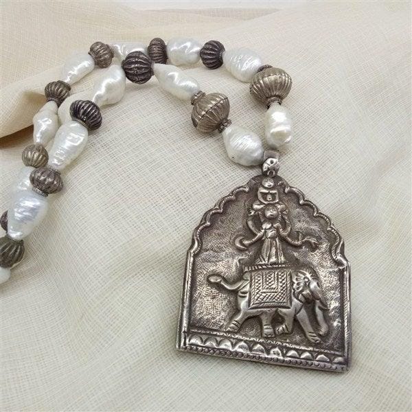 Elephant With God Big Size Pendant With Pearls & Silver Beads Silver Mala-0