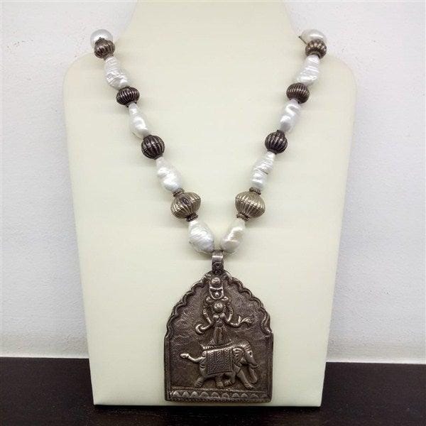 Elephant With God Big Size Pendant With Pearls & Silver Beads Silver Mala-1