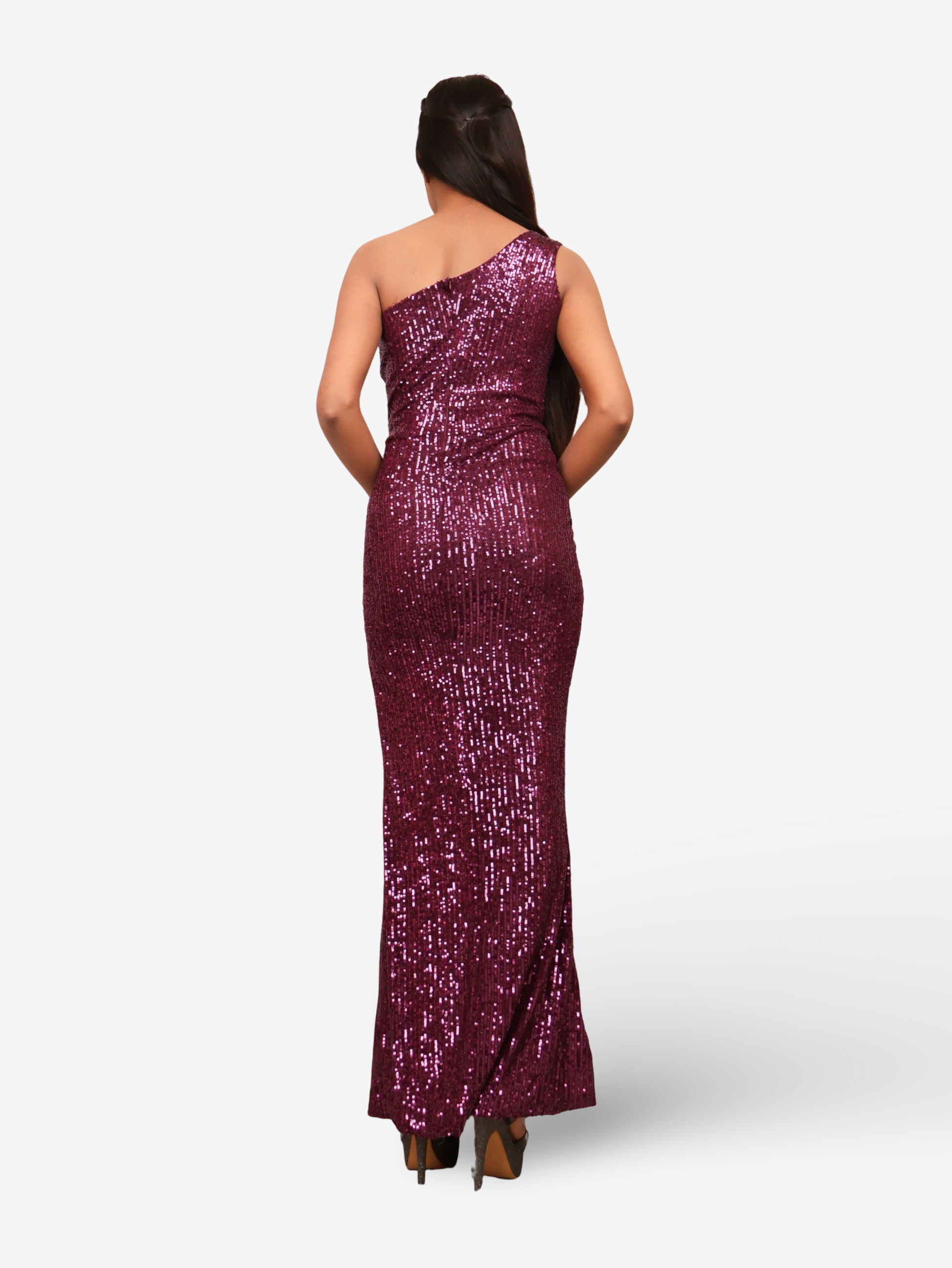 Wine Sequins One-Shoulder Maxi Party Dress by Shreekama-2