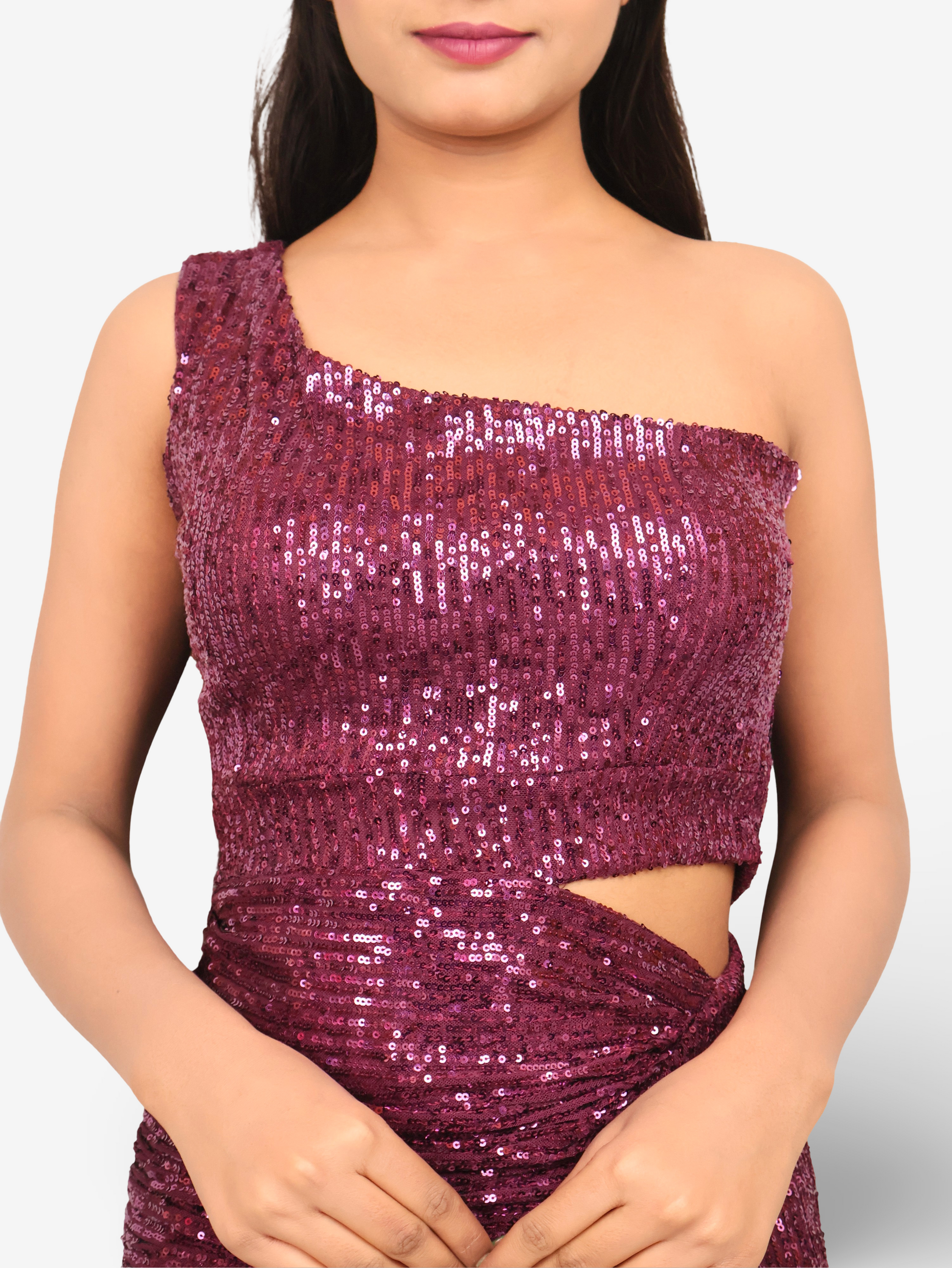 Wine Sequins One-Shoulder Maxi Party Dress by Shreekama-3