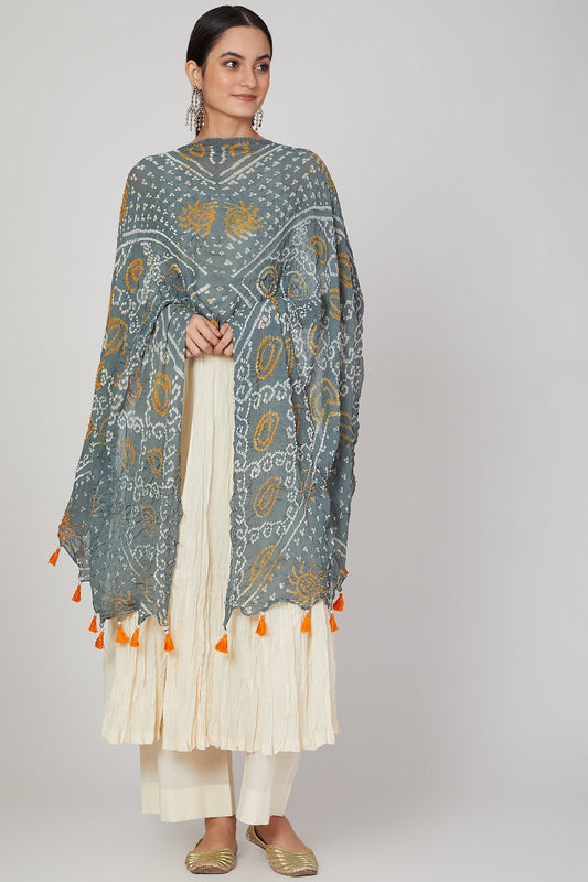 Grey Hand Dyed Bandhani Dupatta-0
